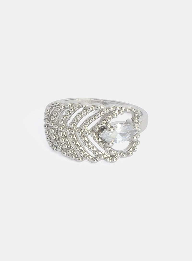 Akher el Ankoud Women'S Silver Ring With A Hollow Leaf Design, Set With A Side Stone And Embossed Engravings. - Image 2