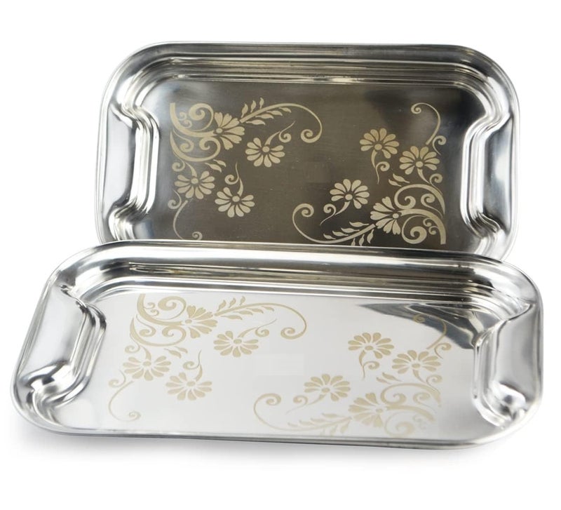 Nirvika Stainless Steel Serving Tray/Lemon Platter with Steel Finish, Rectangular Multipurpose Tray, Set of 2 … - Image 1
