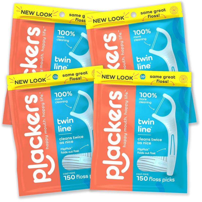 Plackers Twin-Line Dental Flossers, Advanced Whitening and Dual Action Flossing System, Easy Storage, Super Tuffloss, 2X The Clean, Cool Mint Flavor, 150 Count (Pack of 4) - Image 1