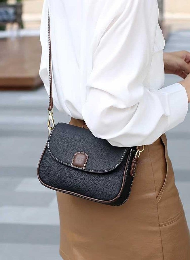 AKSUTI Women's Crossbody Shoulder Bag, Black Faux Leather with Brown Trim, Small Flap Design - Image 3
