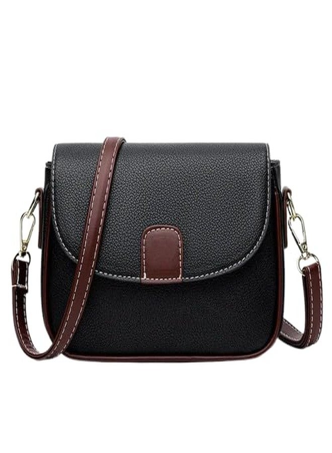 AKSUTI Women's Crossbody Shoulder Bag, Black Faux Leather with Brown Trim, Small Flap Design - Image 2