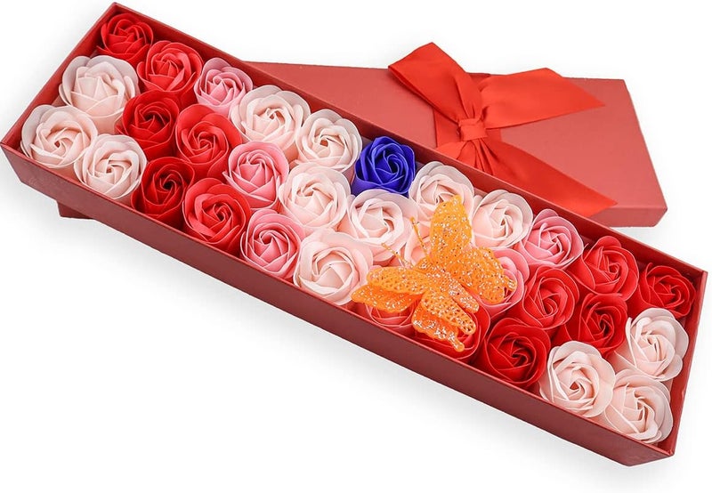 JIALEEY 33 PCS Floral Scented Bath Soap Rose Flower Petals Plant Essential Oil Rose Soap Set Gifts Ideas for Her Women Girls Mom Valentines Day Red Gift Box