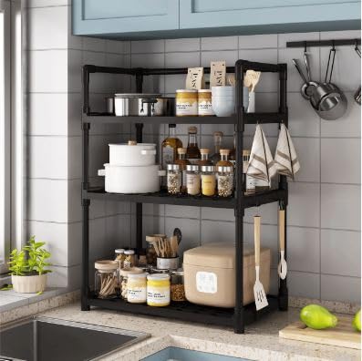 MUGATH Stainless Steel Kitchen Organizer - 3 Tier Spice Container, Utensils, Jar Holder & Cup Glass Rack - Countertop, Tabletop Shelf (Black) - Image 3