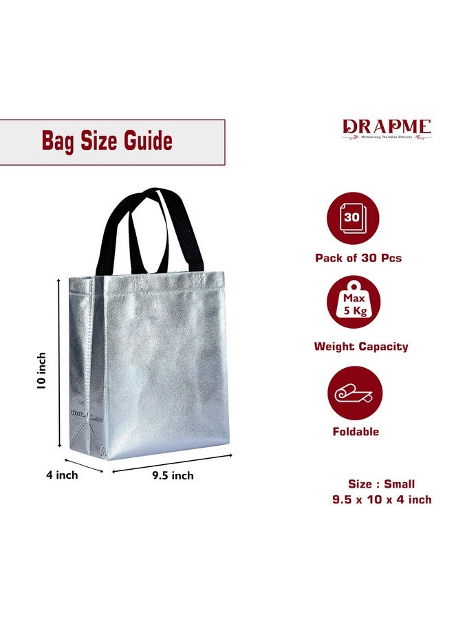 Drapme Small Size Pack of 30 Pcs Glossy Metallic Laminated Non-Woven Reusable Eco-Friendly Party Return Gift Bags (Silver) (Small 9.5x10x4 Inch) - Image 2