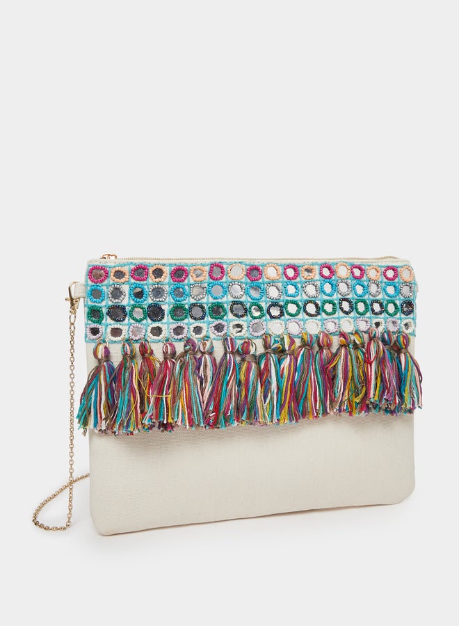 Styli Embroidered Cotton Clutch with Tassels - Image 1