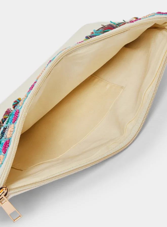 Styli Styli Embroidered Cotton Clutch with Tassels