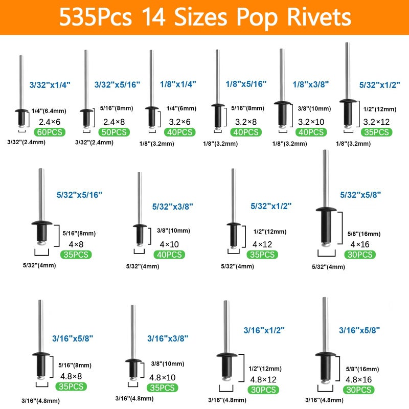 AvrestYPT 900 Pcs Black Pop Rivets Assortment Kit with Washers, SAE Aluminum Blind Rivets, 14 Sizes Metal Pop Rivet Assortment for Metal Furniture, Automotive(3/32" 1/8" 5/32" 3/16" 1/4") - Image 3