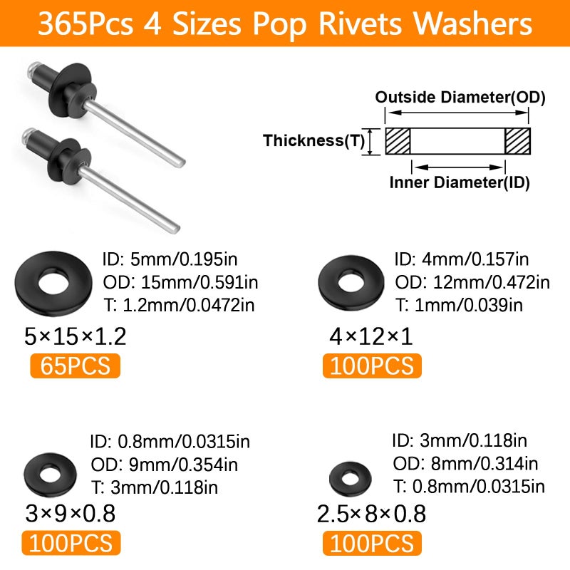 AvrestYPT 900 Pcs Black Pop Rivets Assortment Kit with Washers, SAE Aluminum Blind Rivets, 14 Sizes Metal Pop Rivet Assortment for Metal Furniture, Automotive(3/32" 1/8" 5/32" 3/16" 1/4") - Image 2