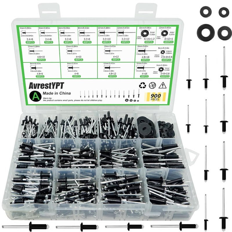 AvrestYPT 900 Pcs Black Pop Rivets Assortment Kit with Washers, SAE Aluminum Blind Rivets, 14 Sizes Metal Pop Rivet Assortment for Metal Furniture, Automotive(3/32" 1/8" 5/32" 3/16" 1/4") - Image 1