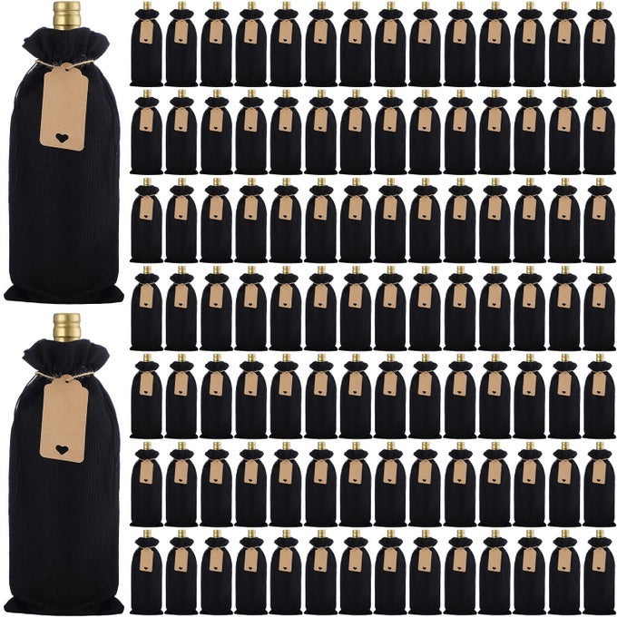 100 PCS BLACK BURLAP WINE BAG WITH DRAWSTRING BULK REUSABLE JUTE WINE BOTTLE GIFT BAGS WITH TAGS AND ROPES FOR WEDDING BIRTHDAY HOLIDAY RETIREMENT TASTING PARTY GIFT