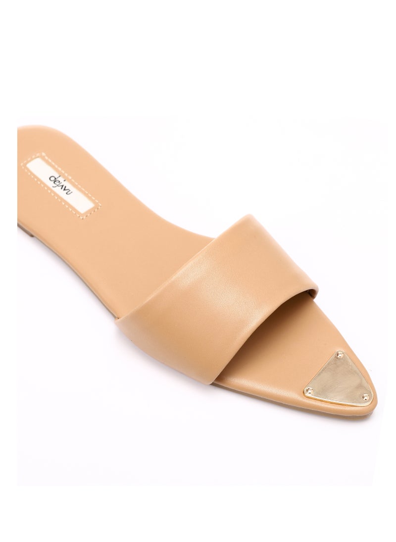 DejaVu - Metal Accessory Pointed Footbed Slip On Slipper - CAMEL - Image 1