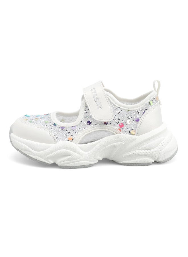St&Sat Saay Children's Shoes, Girls' Sandals, Hollow Breathable Sequin Mesh Shoes, Summer New Mesh Sports Shoes, Cream White - Image 5