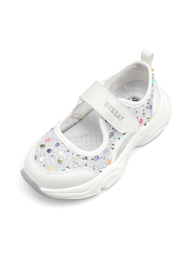 St&Sat Saay Children's Shoes, Girls' Sandals, Hollow Breathable Sequin Mesh Shoes, Summer New Mesh Sports Shoes, Cream White - Image 4