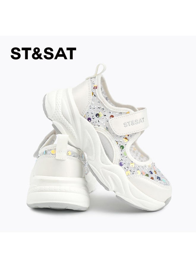 St&Sat Saay Children's Shoes, Girls' Sandals, Hollow Breathable Sequin Mesh Shoes, Summer New Mesh Sports Shoes, Cream White - Image 2
