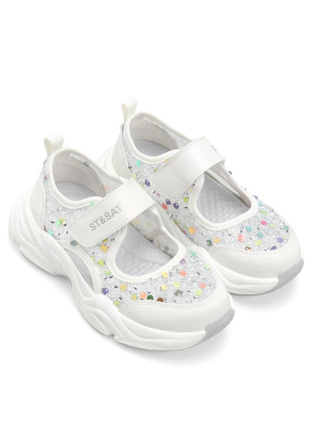 St&Sat Saay Children's Shoes, Girls' Sandals, Hollow Breathable Sequin Mesh Shoes, Summer New Mesh Sports Shoes, Cream White - Image 3