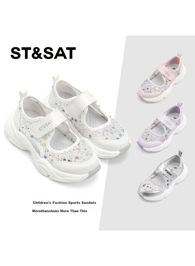 St&Sat Saay Children's Shoes, Girls' Sandals, Hollow Breathable Sequin Mesh Shoes, Summer New Mesh Sports Shoes, Cream White - Image 1