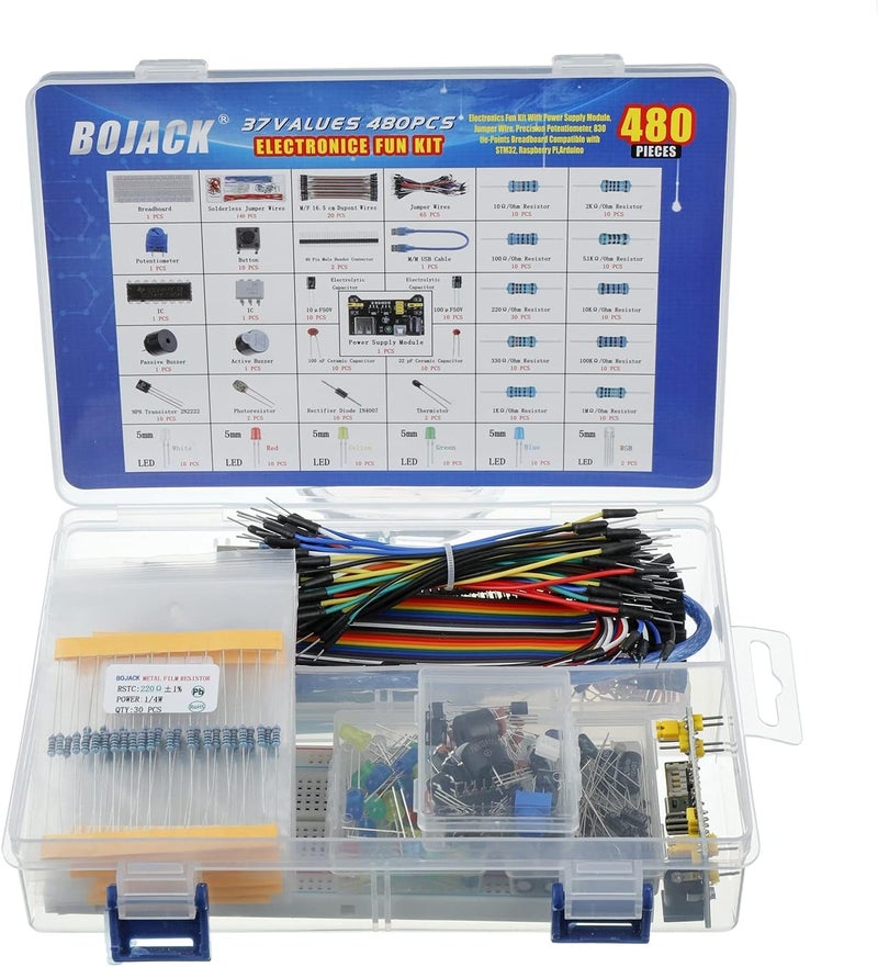 BOJACK 37 Values 480 Pcs Electronics Component Fun Kit with Power Supply Module, Jumper Wire,Precision Potentiometer,830 tie-Points Breadboard Compatible with STM32,Raspberry Pi,Arduino - Image 5