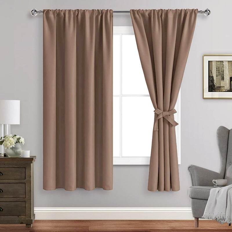 JIUZHEN Blackout Curtains for Bedroom - Thermal Insulated Room Darkening Rod Pocket Curtains for Living Room, Set of 2 Panels with Tiebacks, 42 x 63 Inch Length, Cappuccino - Image 1