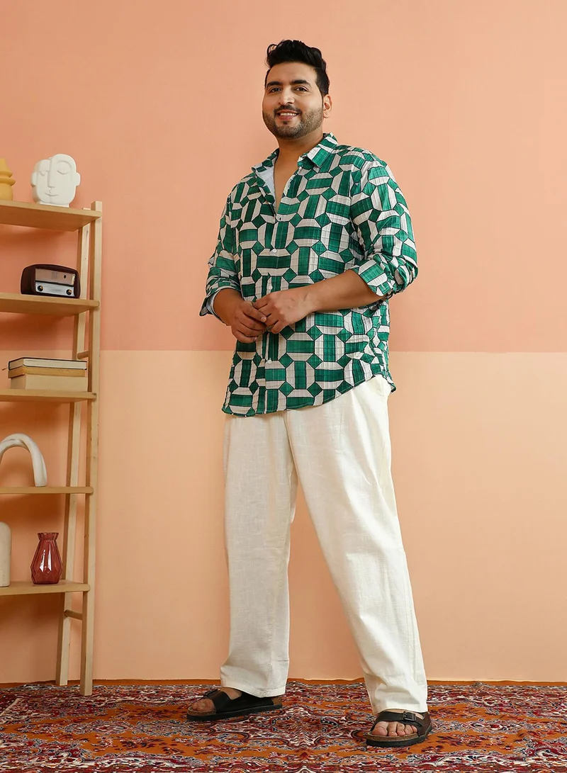 Instafab Plus Men's Green & White Contrast Block Shirt For Casual Wear | Spread Collar | Long Regular Sleeves | Button Closure | Plus Size Shirt Crafted With Comfort Fit For Everyday Wear