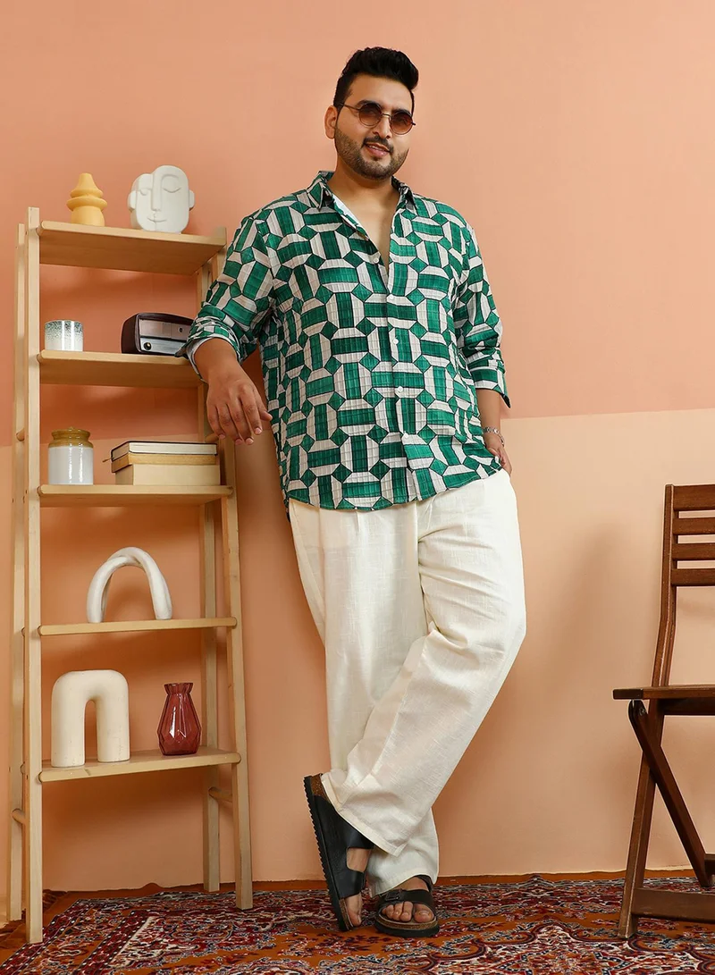 Instafab Plus Men's Green & White Contrast Block Shirt For Casual Wear | Spread Collar | Long Regular Sleeves | Button Closure | Plus Size Shirt Crafted With Comfort Fit For Everyday Wear