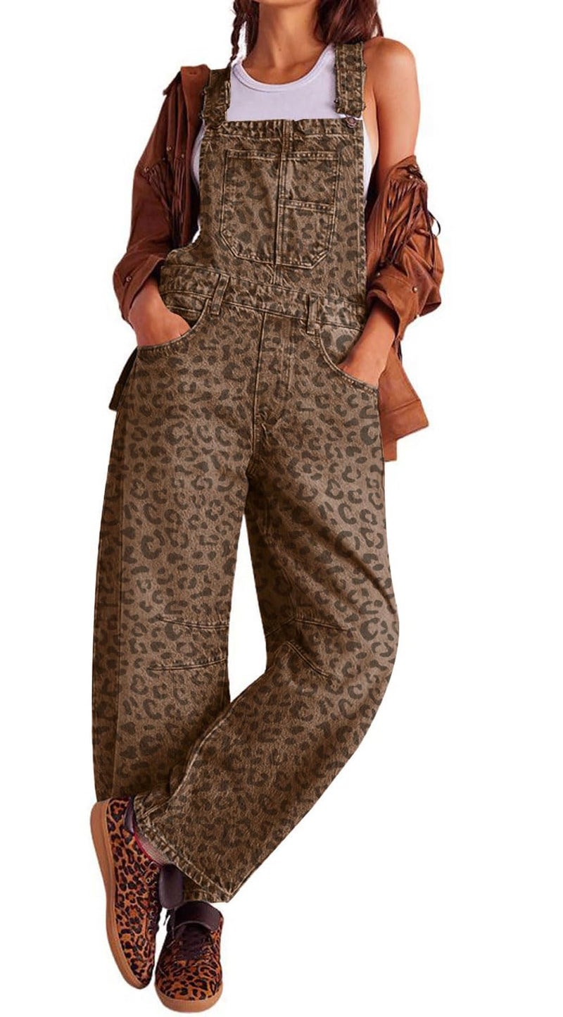 yoeasy Womens Denim Bib Overalls Barrel Wide Leg Baggy Adjustable Strap Denim Pants Jumpsuits with Pockets (Medium, Classic leopard) - Image 1