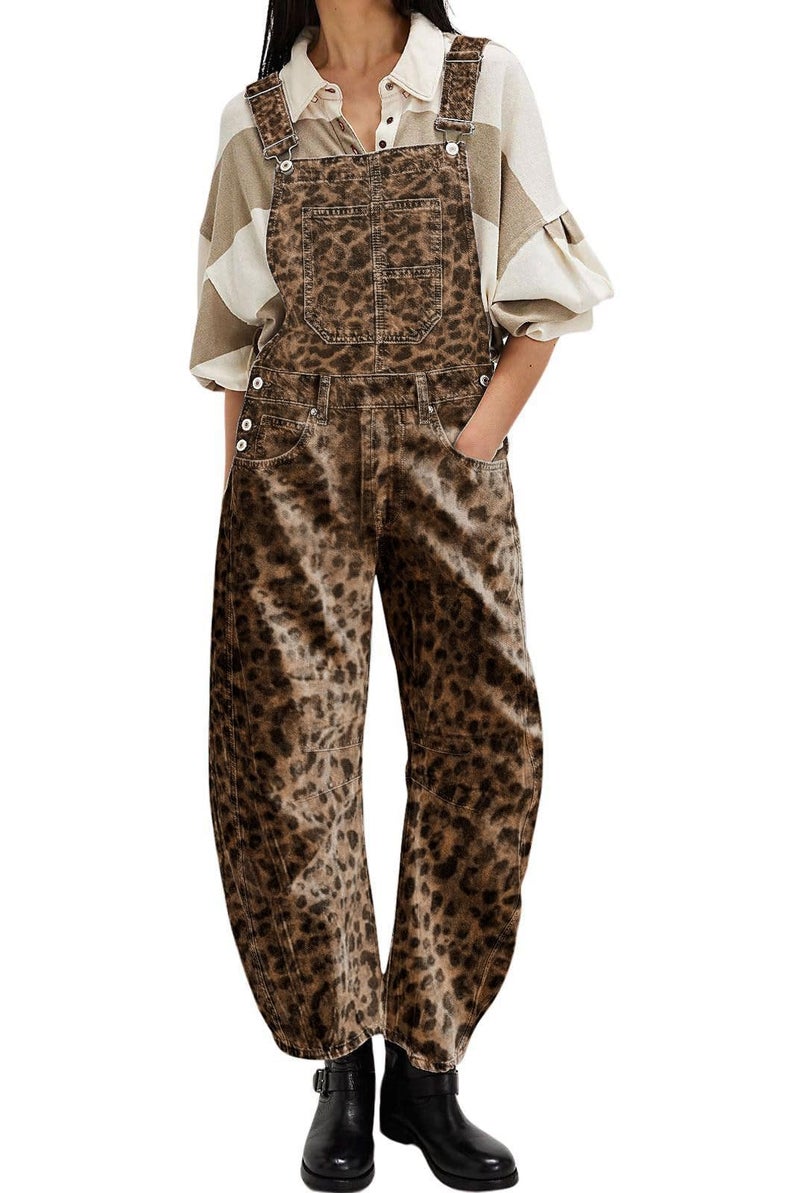 yoeasy Womens Denim Bib Overalls Barrel Wide Leg Baggy Adjustable Strap Denim Pants Jumpsuits with Pockets (Medium, Classic leopard) - Image 2