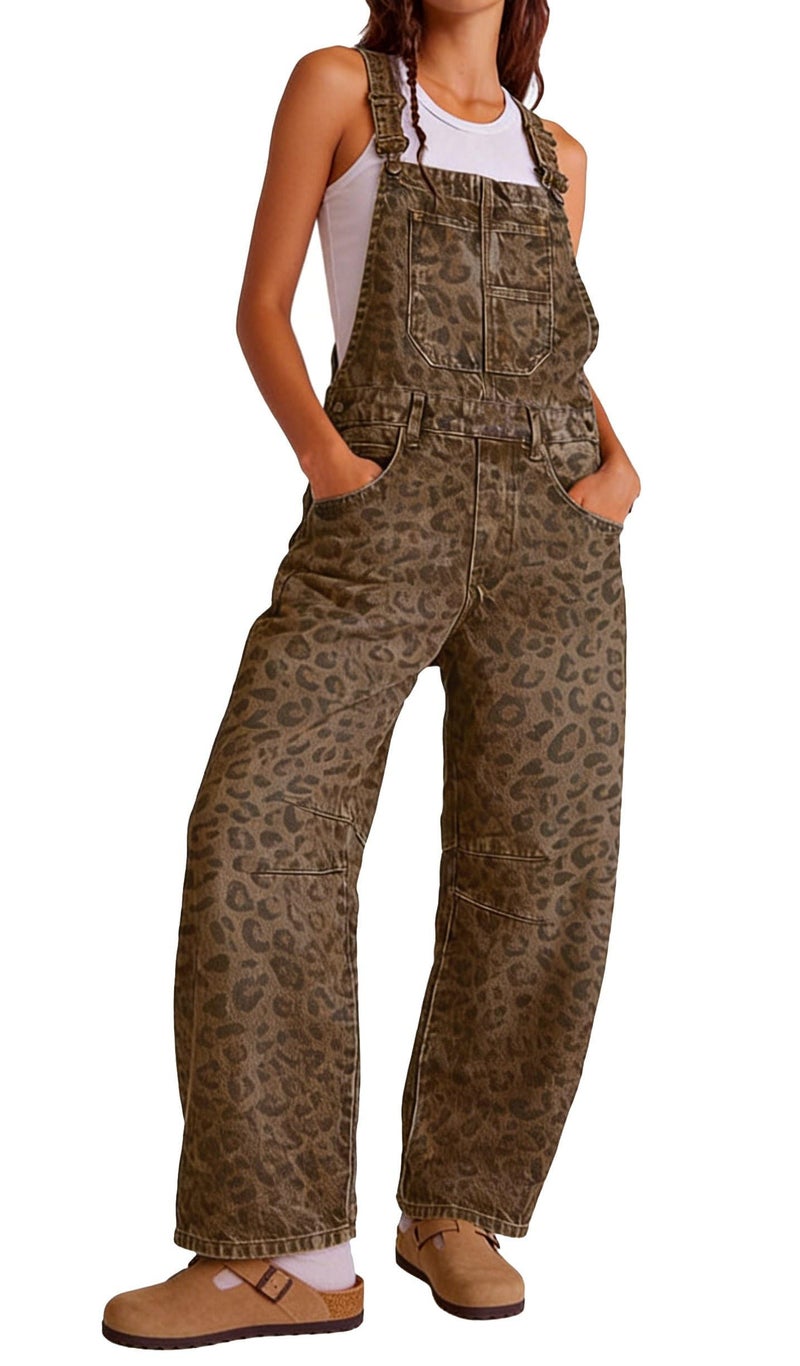 yoeasy Womens Denim Bib Overalls Barrel Wide Leg Baggy Adjustable Strap Denim Pants Jumpsuits with Pockets (Medium, Classic leopard) - Image 3