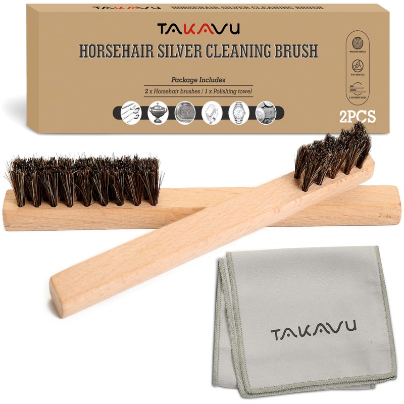 TAKAVU Horsehair Detail Brush Set 2pcs Silver Cleaning Brushes & Polish Cloth Perfect for Detailing, Polish Work, Fine and Heirloom Silverware Plateware Jewelry, Ultimate Solution for a Gleaming Finish - Image 1