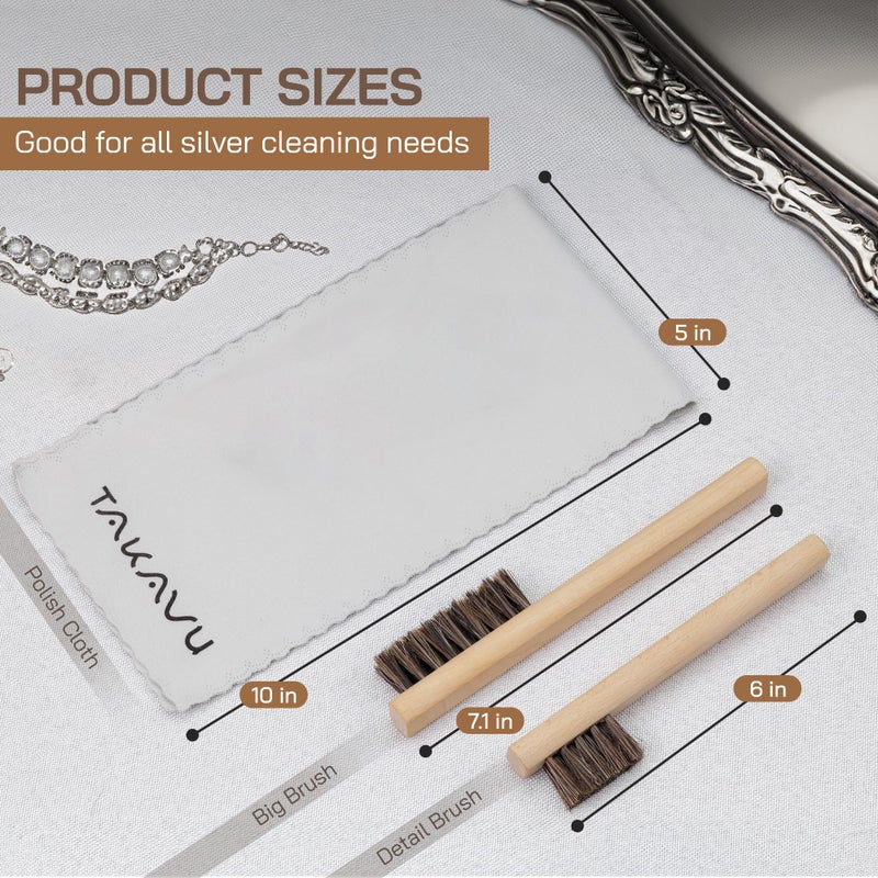 TAKAVU Horsehair Detail Brush Set 2pcs Silver Cleaning Brushes & Polish Cloth Perfect for Detailing, Polish Work, Fine and Heirloom Silverware Plateware Jewelry, Ultimate Solution for a Gleaming Finish - Image 3