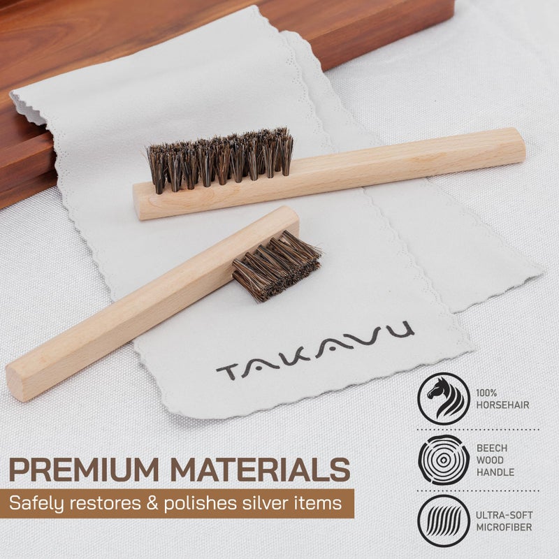 TAKAVU Horsehair Detail Brush Set 2pcs Silver Cleaning Brushes & Polish Cloth Perfect for Detailing, Polish Work, Fine and Heirloom Silverware Plateware Jewelry, Ultimate Solution for a Gleaming Finish - Image 2
