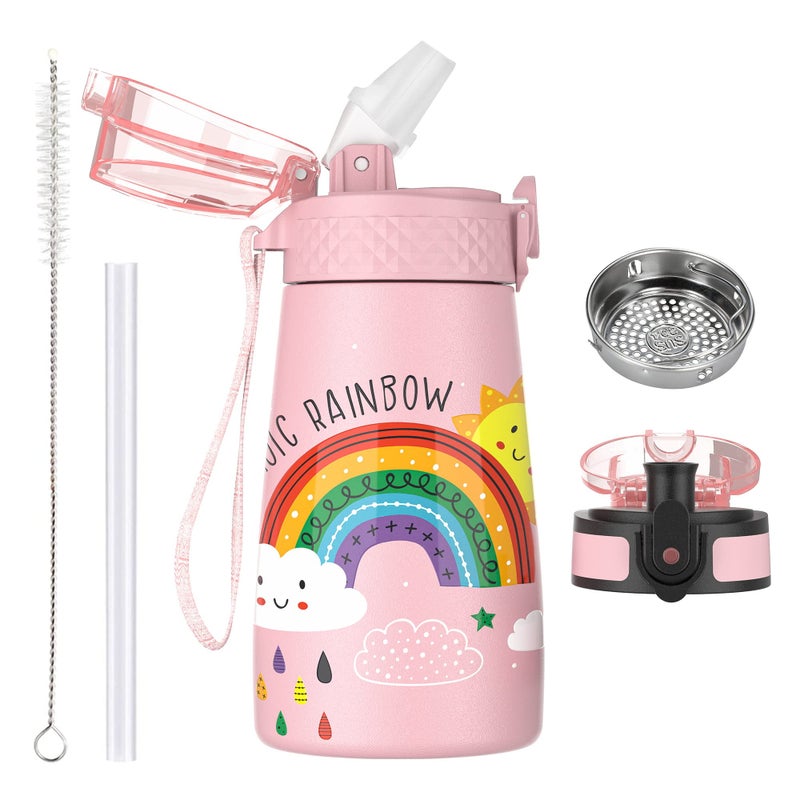 OLDLEY 350ml12oz Kids Stainless Steel Water Bottle with Straw for School with 2 Different Lid Metal Vacuum Insulated Water Bottles Small Flask for Boys Girls Toddler Children Hot Cold Drinks BPA Free