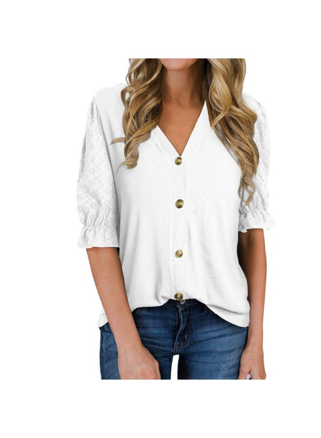VUELO Summer Europe And The United States New Women's Hollow Sleeve Knitted Cardigan Button V-neck T-shirt Jacket - Image 1