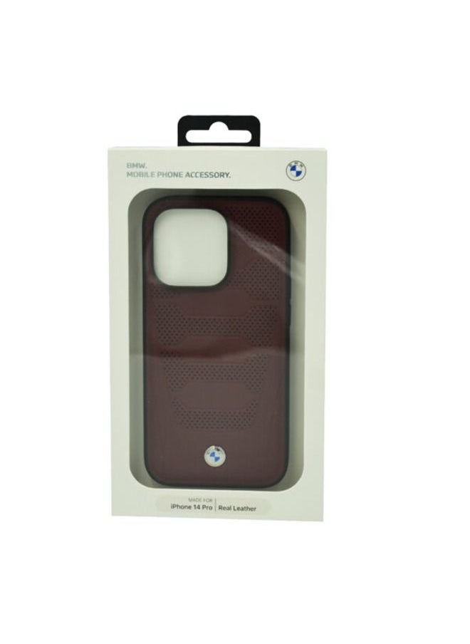 BMW - Signature Collection Genuine Leather Case with Perforated Seats Design For iPhone 14 Pro Burgundy - Image 1