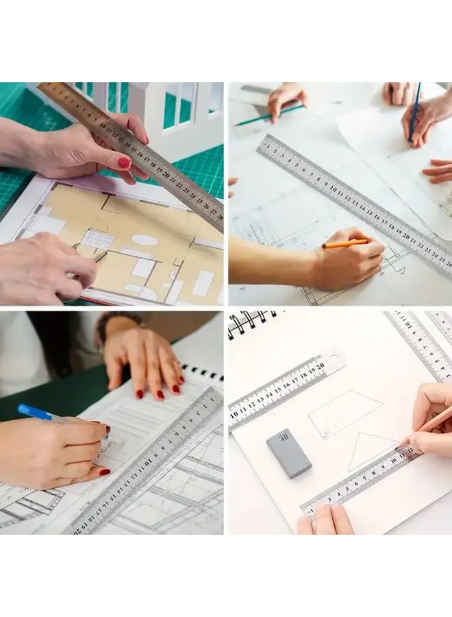 3 قطع مجموعة مساطر من الفولاذ المقاوم للصدأ 6 و12 و24 بوصة مع منقلة وفرجار وممحاة - Image 4