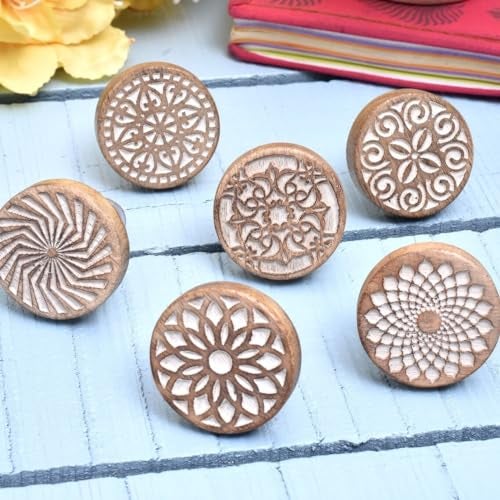 Indian-Shelf Indian Shelf 6 Pieces Boho Wooden Drawer Knobs - Brown Floral Knobs - Round Cabinet Knobs - Image 1