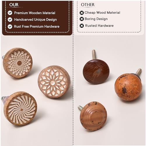 Indian-Shelf Indian Shelf 6 Pieces Boho Wooden Drawer Knobs - Brown Floral Knobs - Round Cabinet Knobs - Image 4