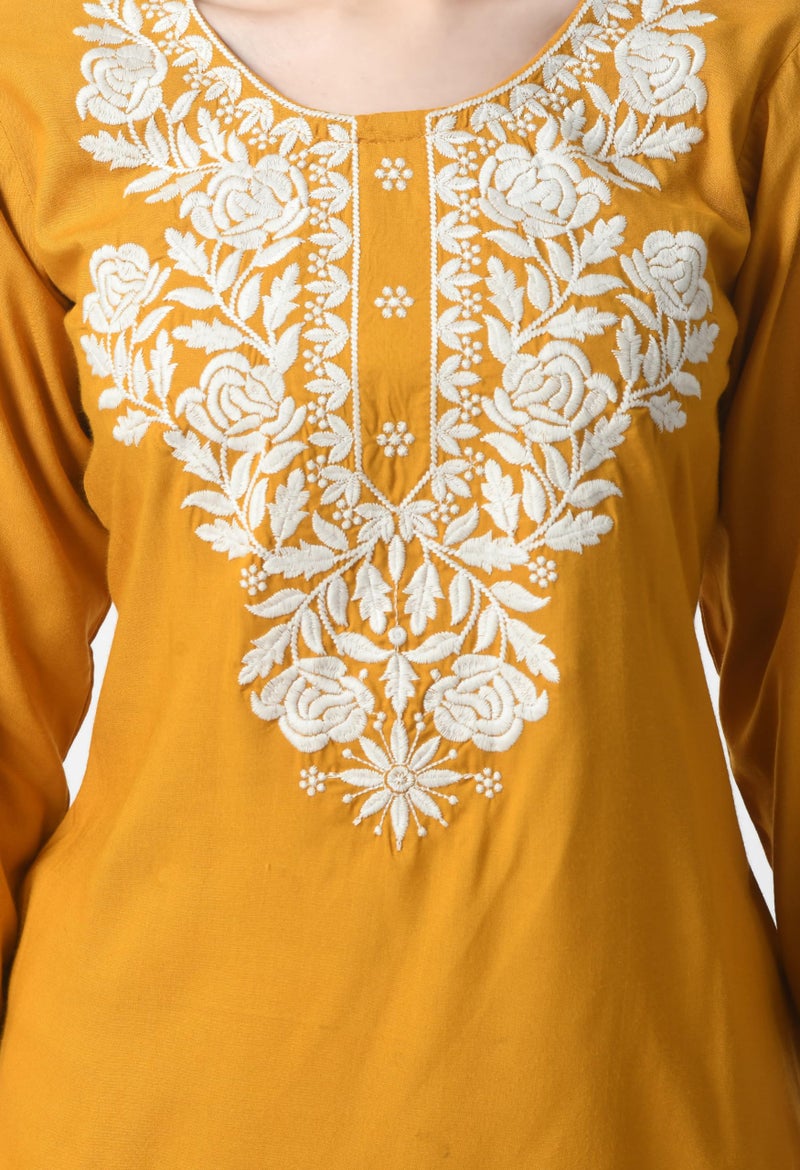 LIBOZA Store LIBOZA Rayon Kurti For Women - Short Chikankari Kurtis For Girls, Lakhnawi Tunic Top Kurta Design For Ladies, Woman Ethnic Kurthis & Shirt With Sleeve (S, Mustard Yellow, Regular Fit) - Image 2