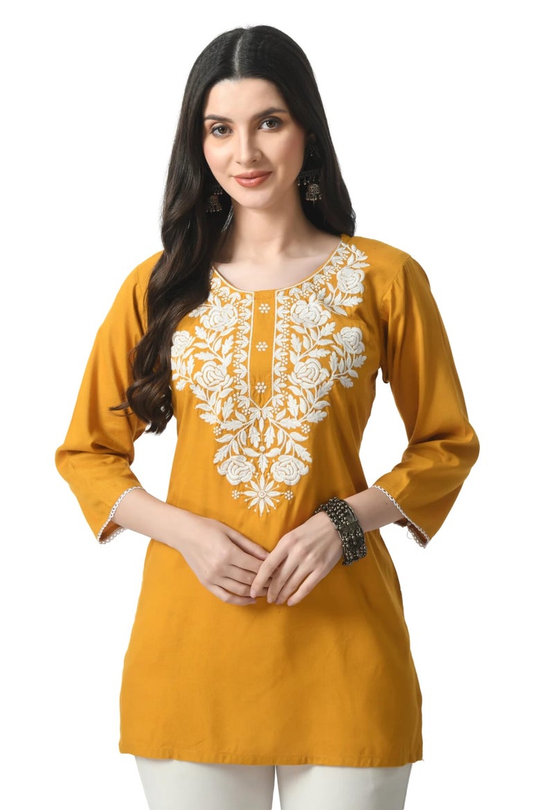 LIBOZA Store LIBOZA Rayon Kurti For Women - Short Chikankari Kurtis For Girls, Lakhnawi Tunic Top Kurta Design For Ladies, Woman Ethnic Kurthis & Shirt With Sleeve (S, Mustard Yellow, Regular Fit) - Image 1
