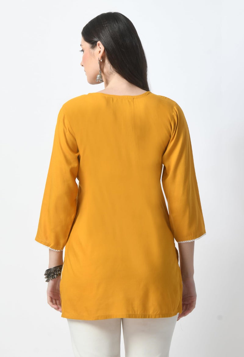 LIBOZA Store LIBOZA Rayon Kurti For Women - Short Chikankari Kurtis For Girls, Lakhnawi Tunic Top Kurta Design For Ladies, Woman Ethnic Kurthis & Shirt With Sleeve (S, Mustard Yellow, Regular Fit) - Image 4