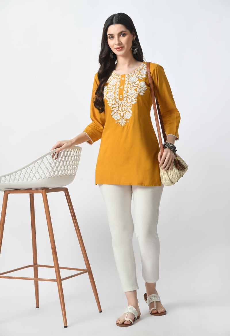 LIBOZA Store LIBOZA Rayon Kurti For Women - Short Chikankari Kurtis For Girls, Lakhnawi Tunic Top Kurta Design For Ladies, Woman Ethnic Kurthis & Shirt With Sleeve (S, Mustard Yellow, Regular Fit) - Image 3