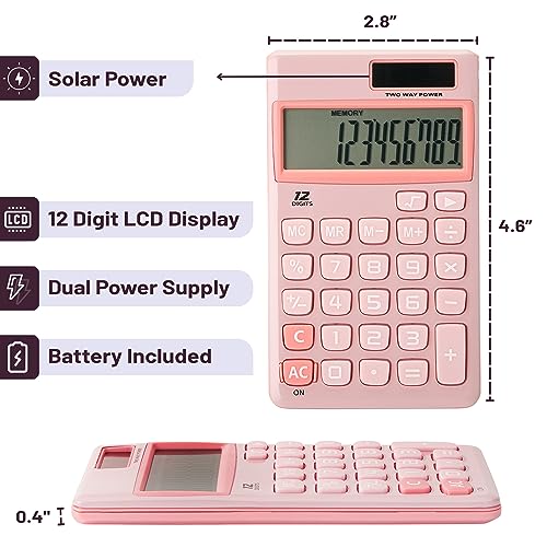Mr. Pen - Standard Function Solar Calculator, 12 Digits, Light Pink, Pocket Size - Image 2