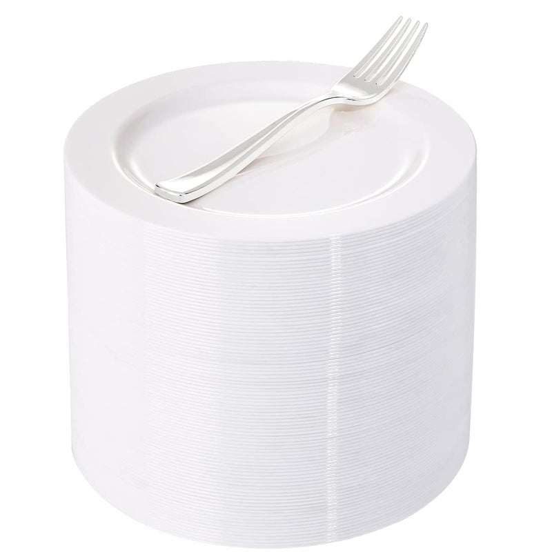 WELLIFE 200 Pieces White Plastic Dessert Plates with Silver Disposable Forks Premium Hard Salad Plate 75 Appetizer Plastic Plates for Wedding Party