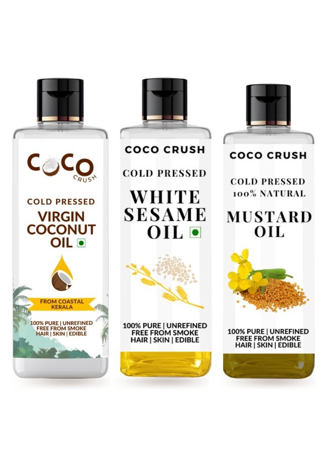 Coco Crush مجموعة COCO CRUSH: مزيج من زيت جوز الهند البكر، وزيت السمسم الأبيض، وزيت الخردل | زيوت معصورة على البارد لتدليك الجسم والشعر | نقية وطبيعية 100% (3 عبوات × 100 مل، الإجمالي 300 مل) - Image 1