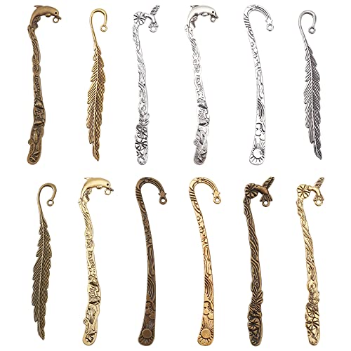 SUNNYCLUE 12Pcs 12 Styles Hook Bookmarks Findings Metal Bookmark Hairpin Stripe Hook Vintage Bookmark Clip for Crafting Jewelry Making Charms Findings Accessories Mixed Color - Image 1