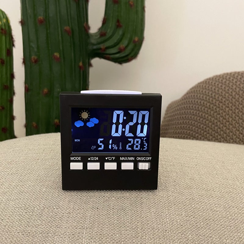 2159T weather clock LED sound control backlight home temperature and humidity meter color screen perpetual calendar electronic alarm clock black - Image 3
