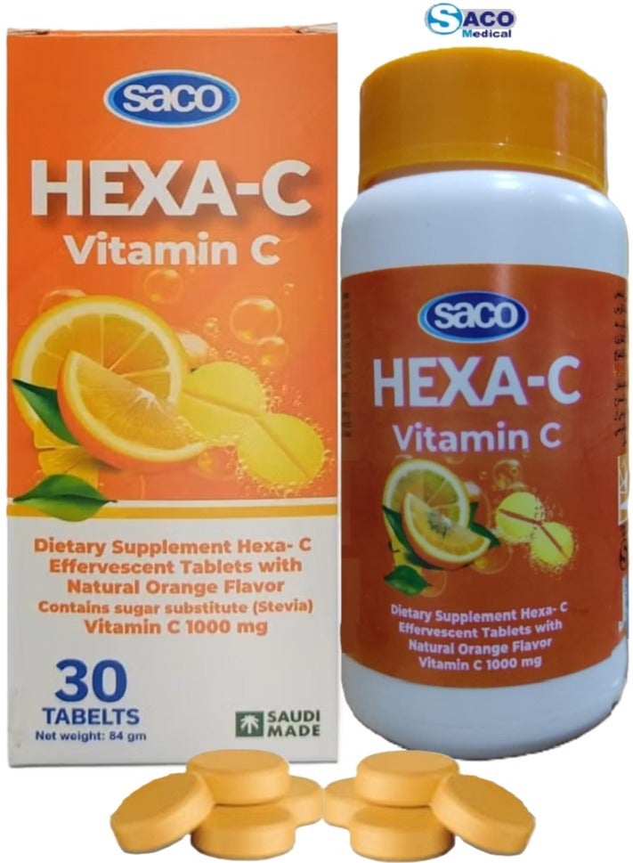 Saco Dietary Supplement HEXA-C Effervescent Tablets with Natural Orange Flavor Contains Sugar Substitute (Stevia) Vitamin C1000 to Maintain the Normal Function of the Immune System 30 Effervescent Tablets  - Image 1