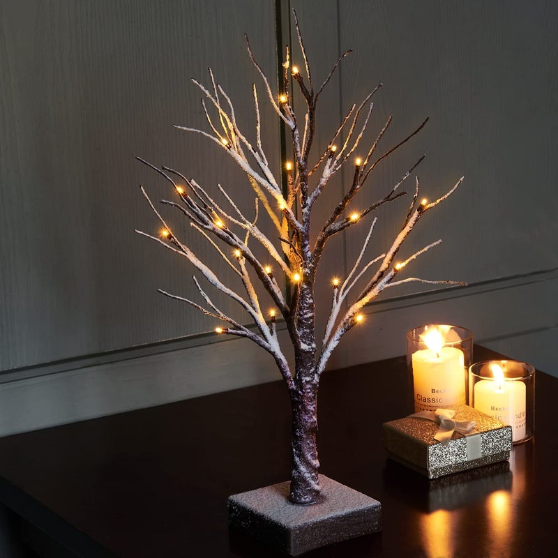 Fudios Lighted Snow Dusted Christmas Tree with Timer Battery Operated 18in Home Decor Pre lit Artificial Tabletop Snowy Trees with 24 LED for Winter Party