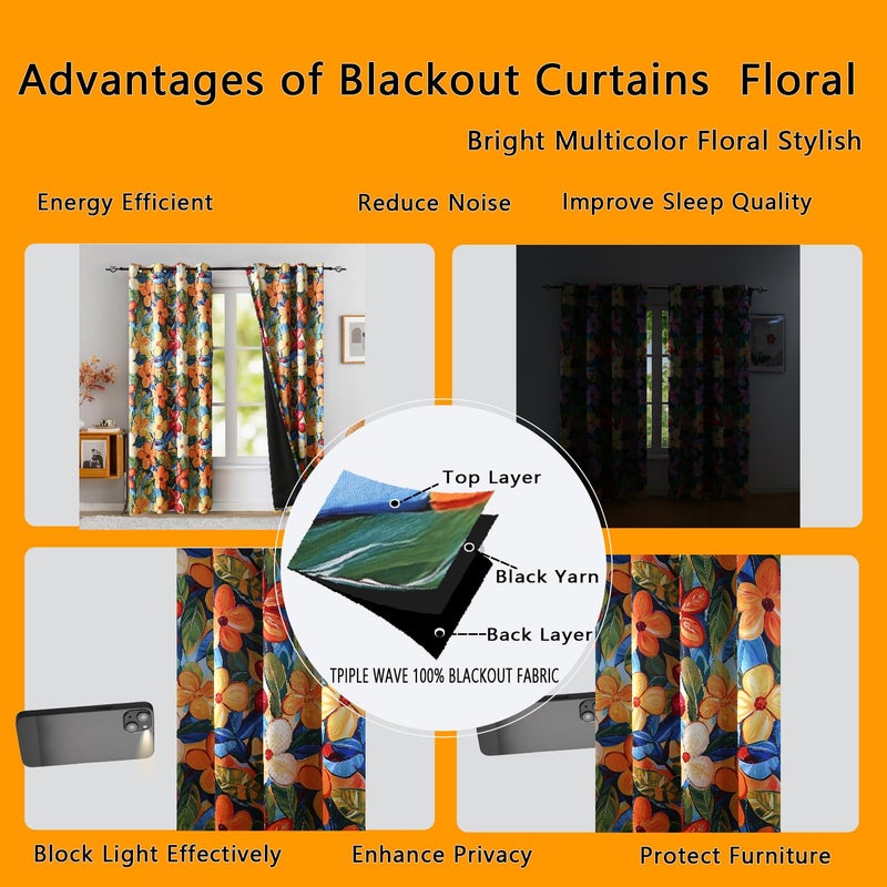 Luvyohmee Vibrant Floral Blackout Curtains 84 Inches Long Light Blocking for Bedroom Thermal Insulation, Vivid Yellow Orange Flower Patterned Drapes Colorful with Tiebacks Grommet 52Wx84L 2 Panels - Image 5