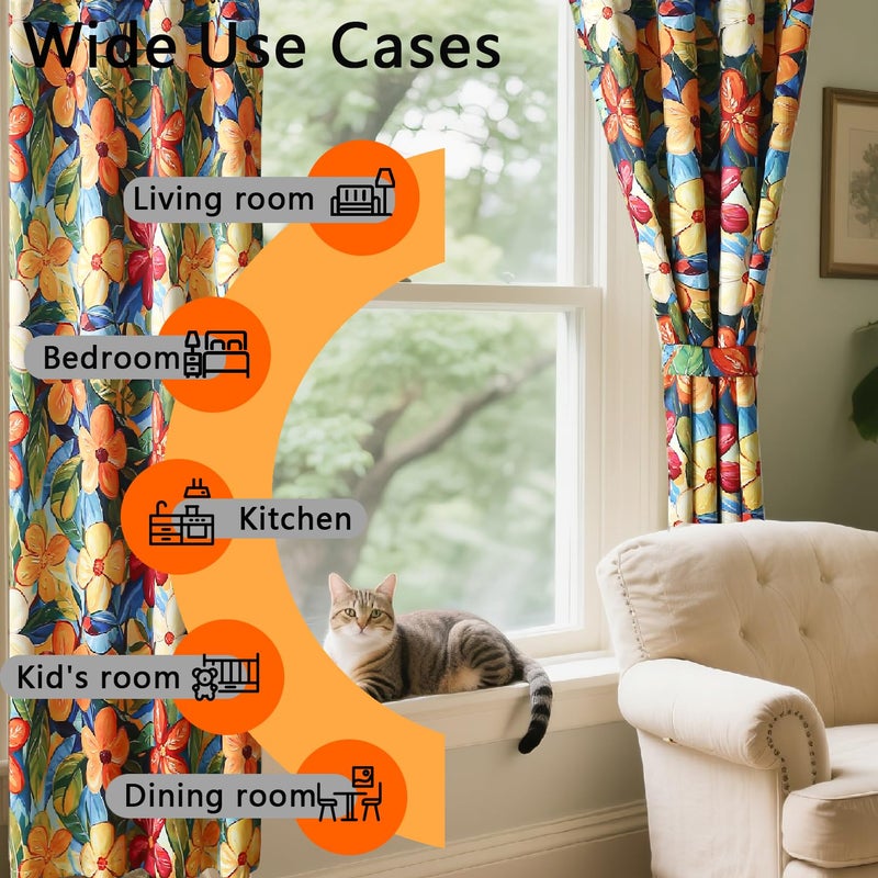 Luvyohmee Vibrant Floral Blackout Curtains 84 Inches Long Light Blocking for Bedroom Thermal Insulation, Vivid Yellow Orange Flower Patterned Drapes Colorful with Tiebacks Grommet 52Wx84L 2 Panels - Image 4