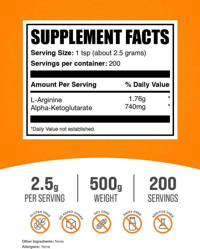 BulkSupplements مسحوق AAKG من BulkSupplementscom  مكمل أرجينين AKG  مكمل أكسيد النيتريك  بدون نكهة  خالي من الغلوتين  25 جرام لكل حصة  500 جرام  11 رطل  عبوة من 1 - Image 2